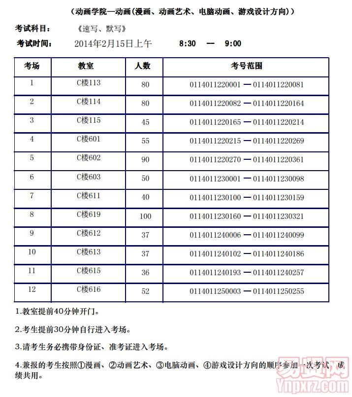 漫畫、動畫藝術(shù)、電腦動畫、游戲設(shè)計（速寫默寫）考場安排