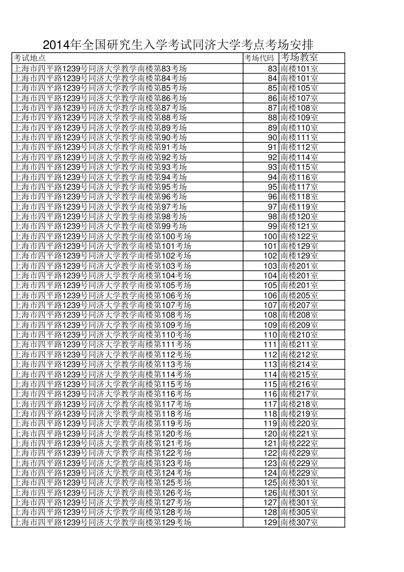 2014年全國(guó)碩士研究生入學(xué)考試同濟(jì)大學(xué)考點(diǎn)考場(chǎng)分布圖