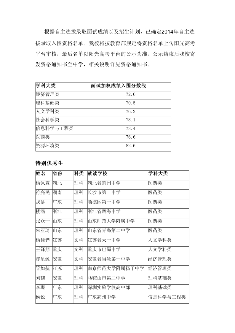 根據(jù)自主選拔錄取面試成績以及招生計(jì)劃