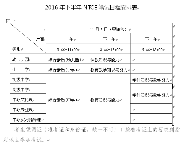 嘉峪關(guān)市2016年下半年中小學(xué)教師資格考試NTCE筆試日程安排表