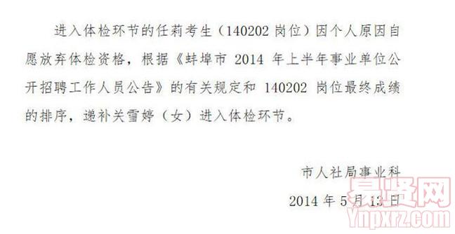 蚌埠市2014年上半年事業(yè)單位招聘工作人員體檢遞補公告