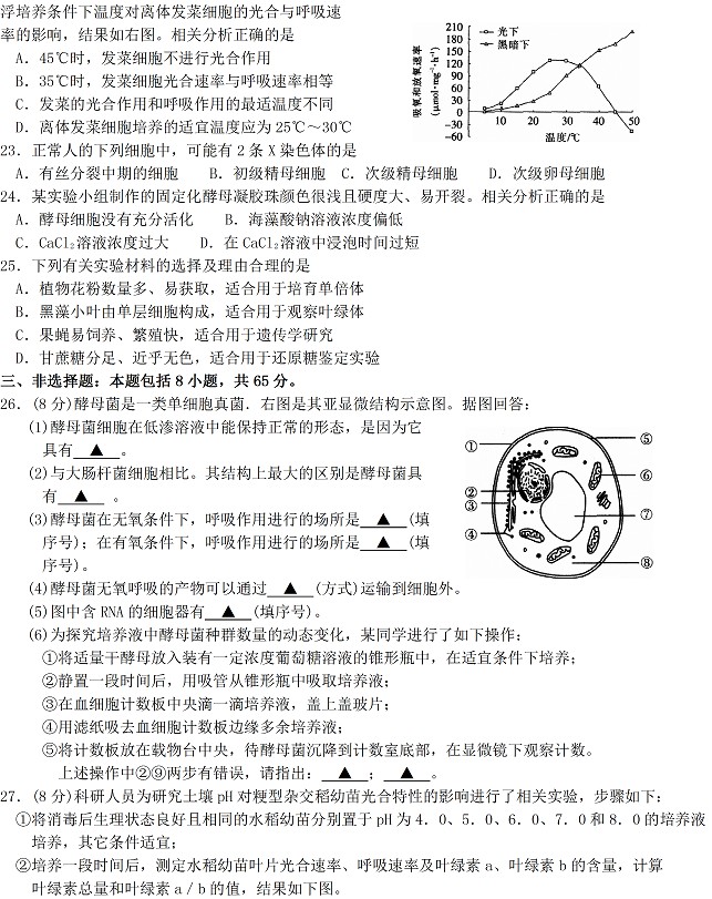2014南通一模生物試題及答案